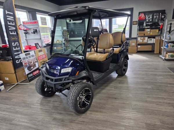 2027 Club Car Onward 4 Forward lifted lithium golf cart in Blue Onyx with four forward-facing seats