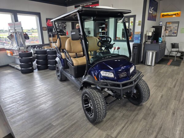 2027 Club Car Onward 4 Forward lifted lithium golf cart in Blue Onyx with four forward-facing seats
